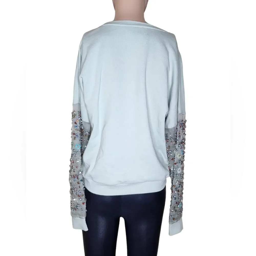 Anthropologie Let Me Be Luckcharm women's blue cotton beaded sweatshirt Size XS - Picture 6 of 12